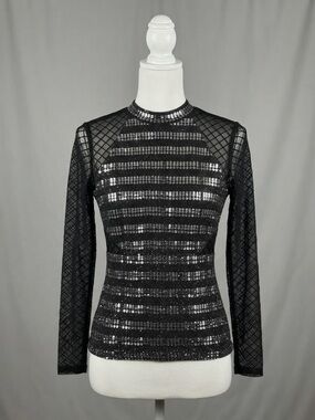 VENUS Black Sequin Mesh Long Sleeve Top